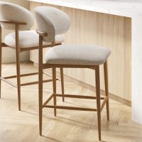 ONLY OPENED - Beige Upholstered Curved Kitchen Stool with Solid Rustic Oak Exposed Back - Kori