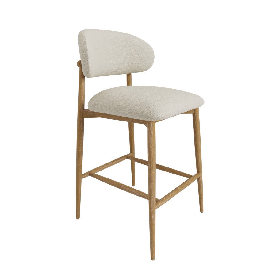ONLY OPENED - Cream Upholstered Curved Kitchen Stool with Limewash Solid Wood Exposed Back - Kori