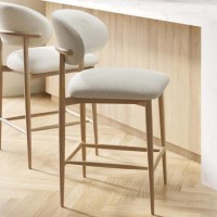 ONLY OPENED - Cream Upholstered Curved Kitchen Stool with Limewash Solid Wood Exposed Back - Kori