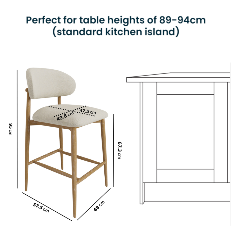 ONLY OPENED - Cream Upholstered Curved Kitchen Stool with Limewash Solid Wood Exposed Back - Kori