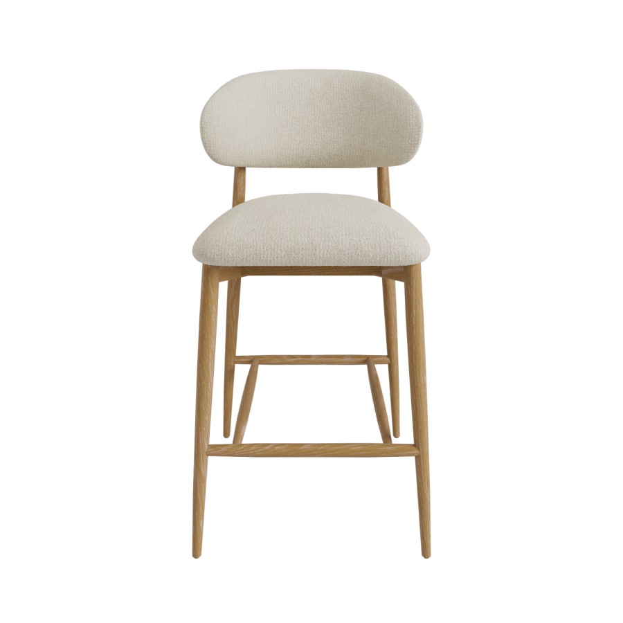ONLY OPENED - Cream Upholstered Curved Kitchen Stool with Limewash Solid Wood Exposed Back - Kori