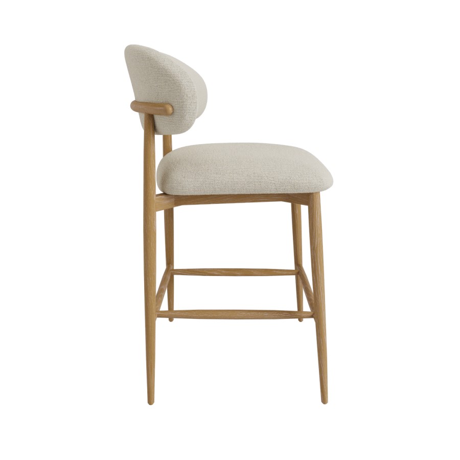 ONLY OPENED - Cream Upholstered Curved Kitchen Stool with Limewash Solid Wood Exposed Back - Kori