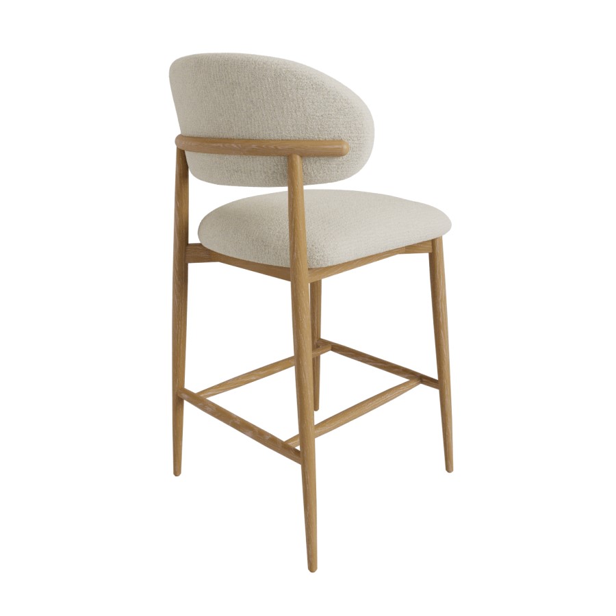 ONLY OPENED - Cream Upholstered Curved Kitchen Stool with Limewash Solid Wood Exposed Back - Kori