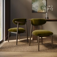 Walnut and Olive Green Velvet Curved Dining Chair with Solid Wood Open Back - Kori