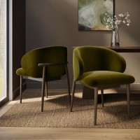 Walnut and Olive Green Velvet Curved Dining Chair with Solid Wood Exposed Back - Kori