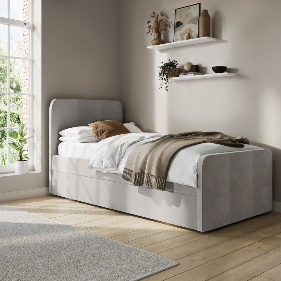 Grey Velvet Single Guest Bed with Trundle and 1 Mattress - Layla