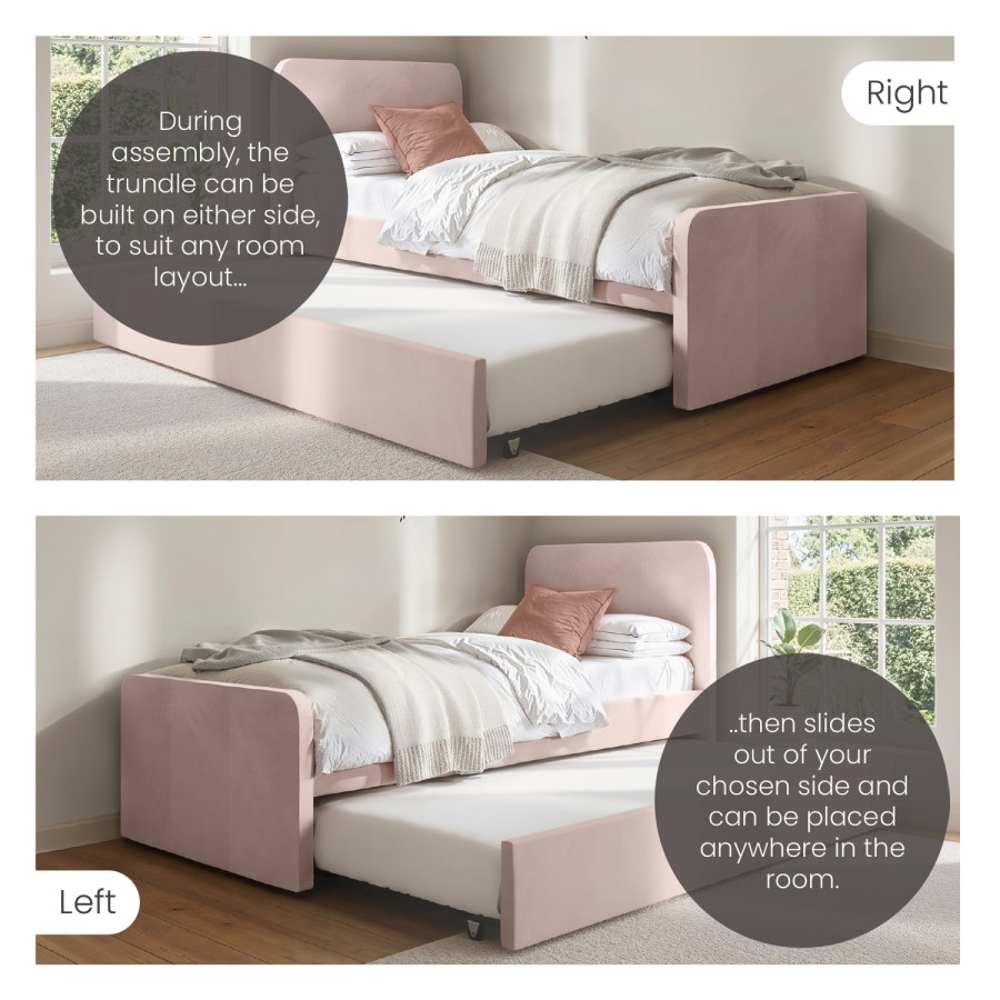 Pink Velvet Single Guest Bed with Trundle and 1 Mattress - Layla