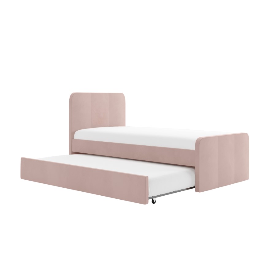 Pink Velvet Single Guest Bed with Trundle and 1 Mattress - Layla
