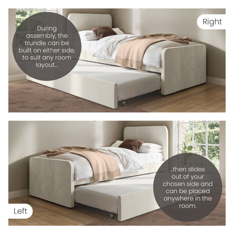 Cream Velvet Single Guest Bed with Trundle and 1 Mattress - Layla