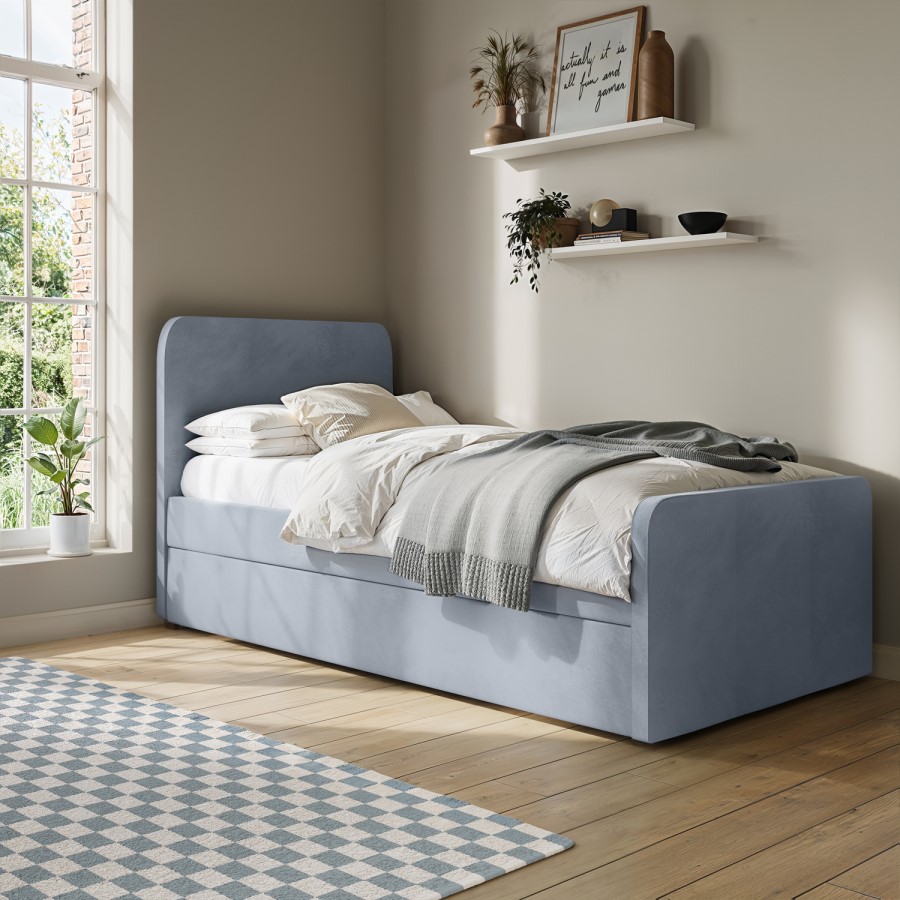 Blue Velvet Single Guest Bed with Trundle and 1 Mattress - Layla