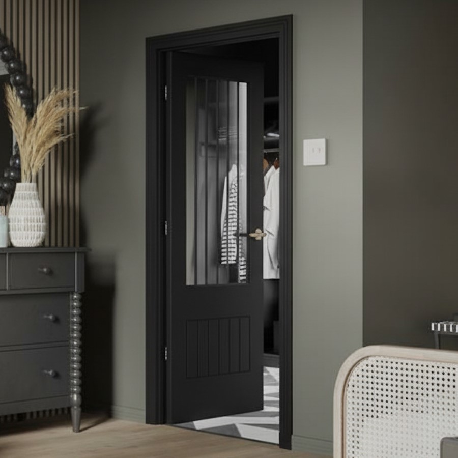 Internal Black Half-Glazed Cottage Door with Clear Etched Glass - 1981 x 762 x 35mm - Suffolk - XL Joinery