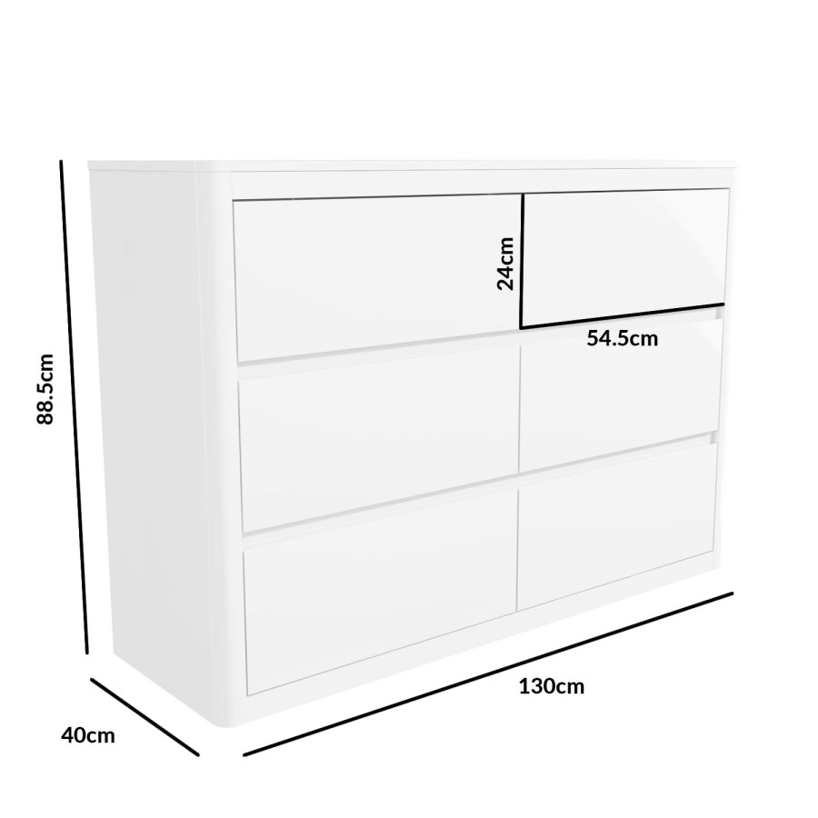 Wide White High Gloss 6 Drawer Chest of Drawers with Curved Edges - Lexi