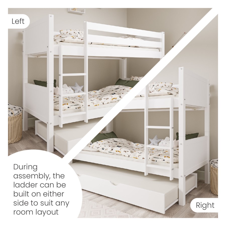 White Wooden Detachable Bunk Bed with Trundle - Luca