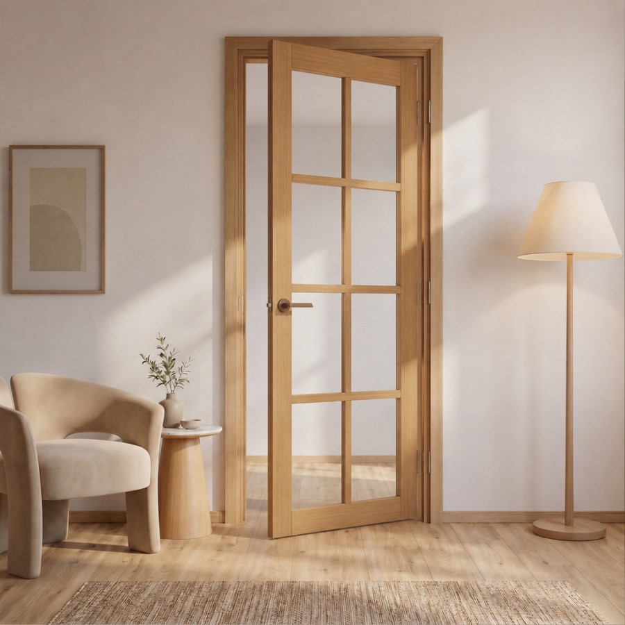 Internal Oak Laminate Glazed Industrial Style Door with Clear Glass - Pre-Finished - 1981 x 762 x 35mm - Haringey - XL Joinery