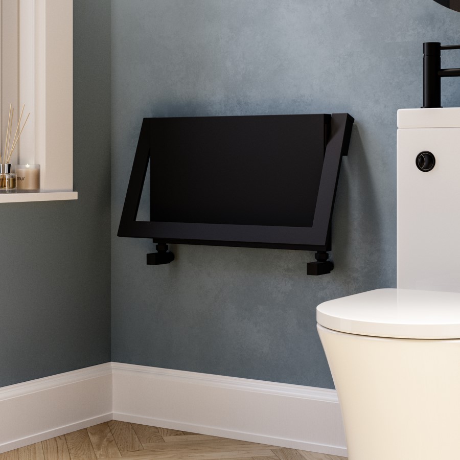 Black Horizontal Panel Radiator with Pull Out Towel Bar 320 x 600mm - Lomas