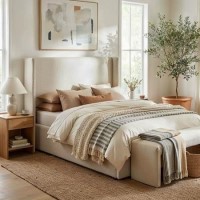 Cream Upholstered King Size Ottoman Bed with Winged Headboard - Loxley