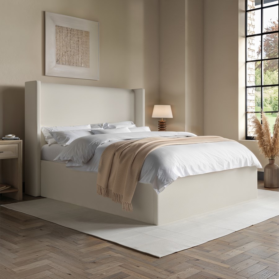 Cream Upholstered King Size Ottoman Bed with Winged Headboard - Loxley