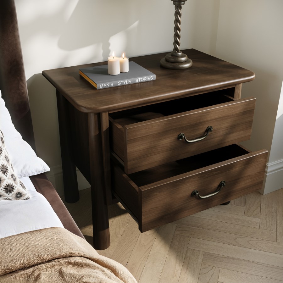Wide Walnut 2 Drawer Bedside Table - Loretta