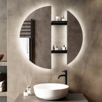 Round Backlit Heated Bathroom Mirror with Lights & Black Shelves 800mm – Luna