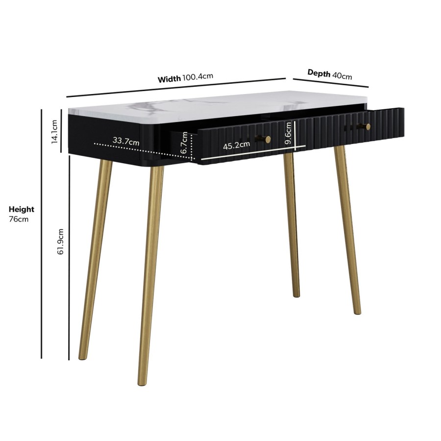 Black Marble Effect Top Fluted Dressing Table with Drawers - Lucia