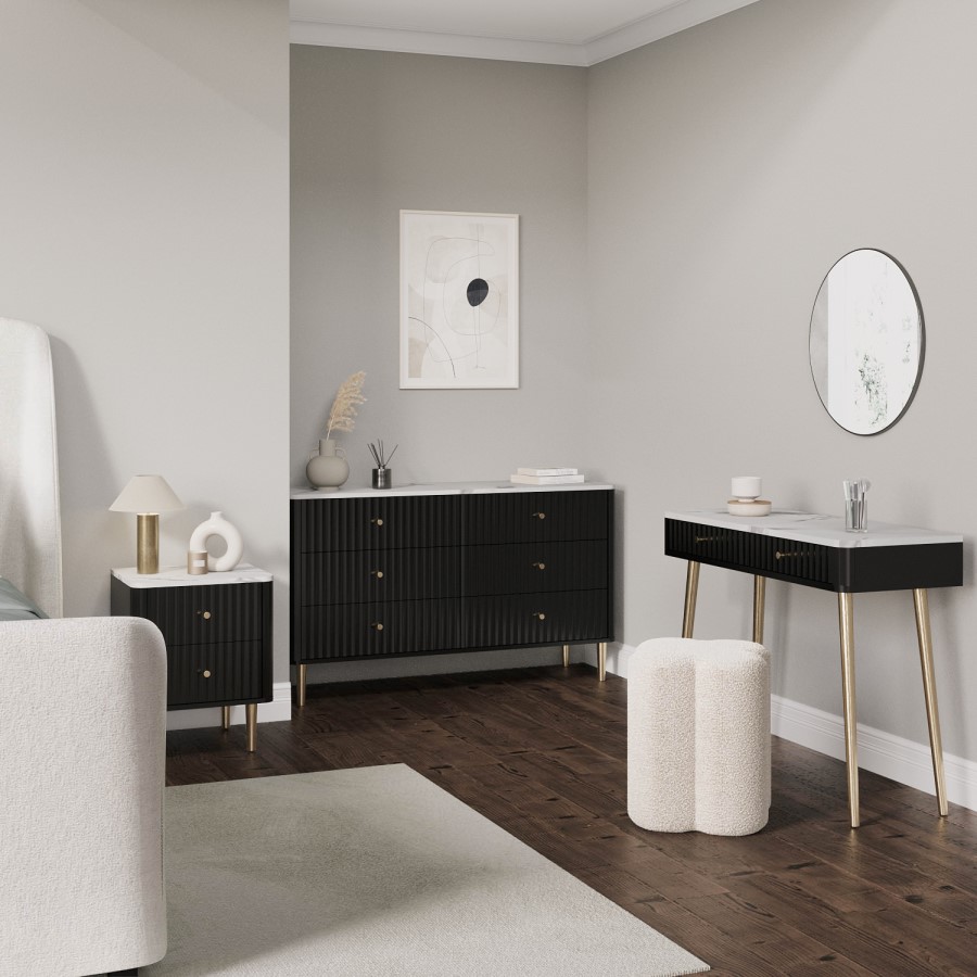 Black Marble Effect Top Fluted Dressing Table with Drawers - Lucia