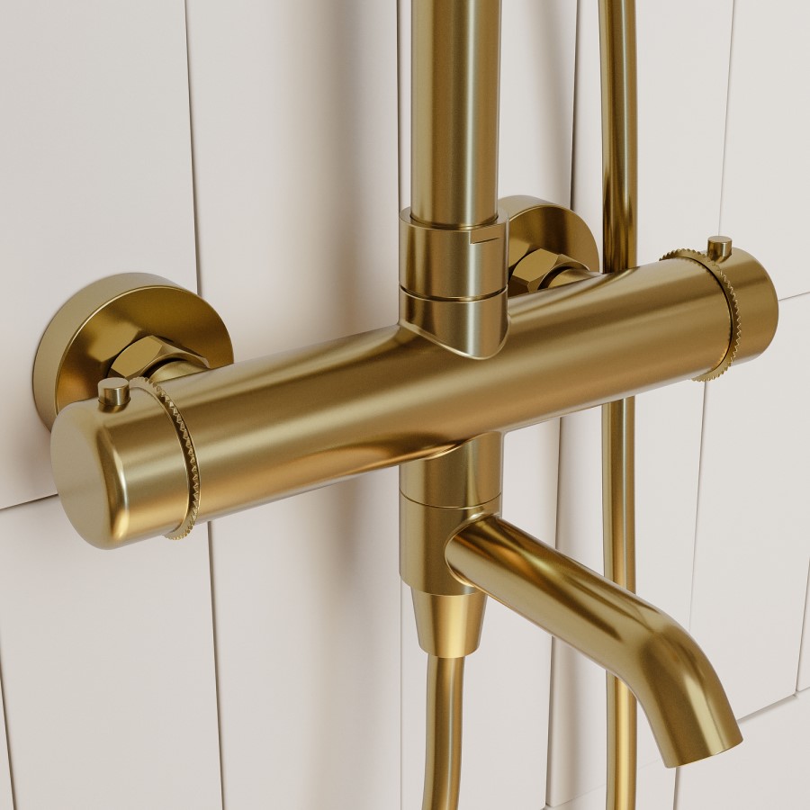 Brushed Brass Thermostatic Traditional Mixer Shower Set with Bath Filler Spout - Lyla