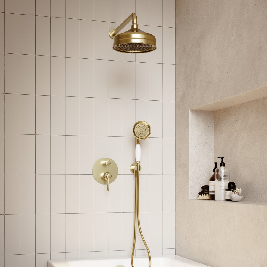 Brushed Brass Traditional 200mm Shower Head & Wall Arm - Lyla