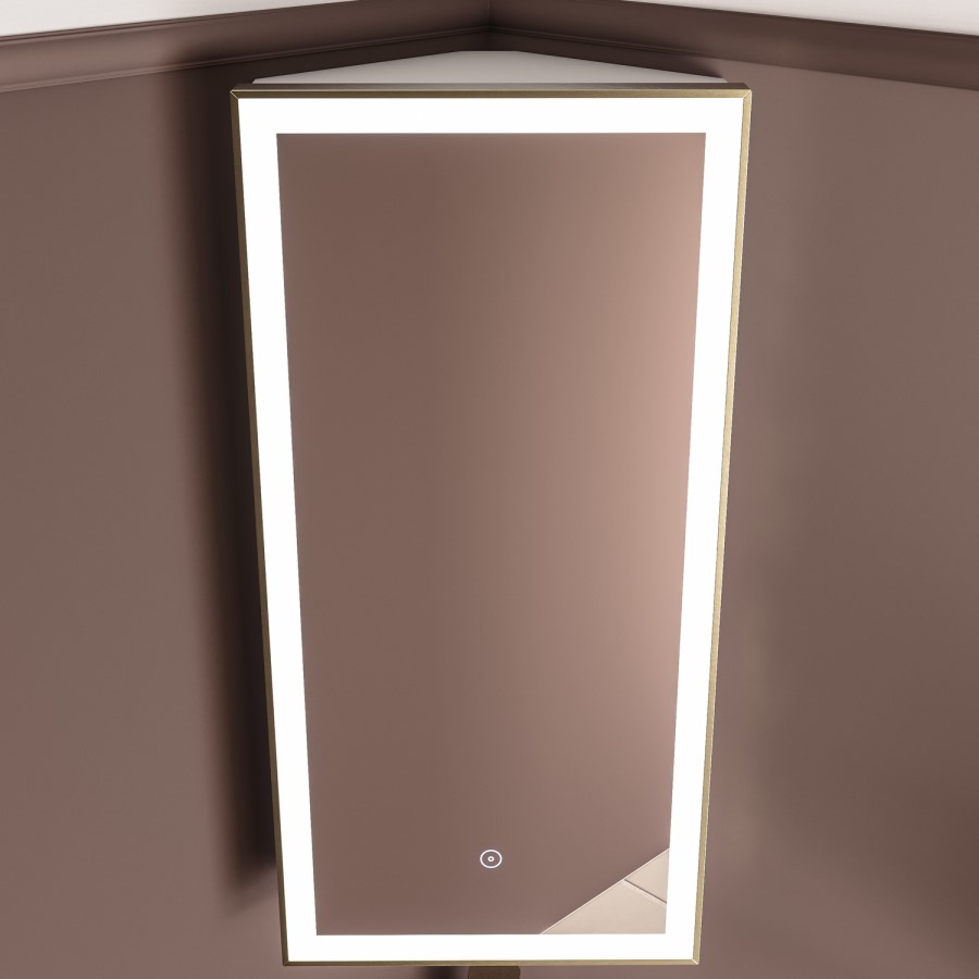 Single Door Corner Brass Bathroom Mirror Cabinet with Lights 300 x 600mm - Lykos