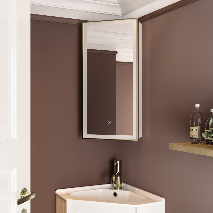 Single Door Corner Brass Bathroom Mirror Cabinet with Lights 300 x 600mm - Lykos