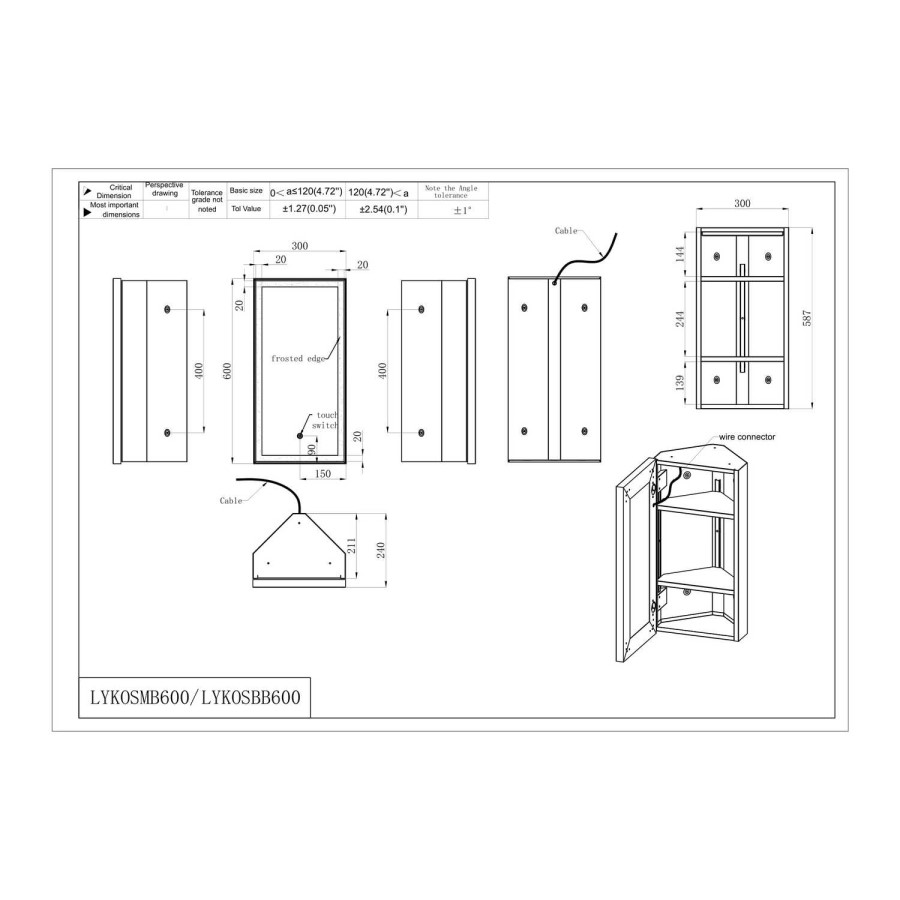 Single Door Corner Brass Bathroom Mirror Cabinet with Lights 300 x 600mm - Lykos