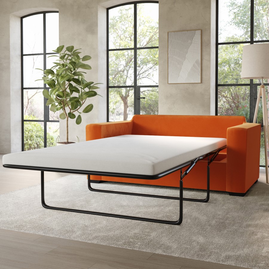 2 Seater Pull-Out Sofa Bed in Orange Velvet - Layton