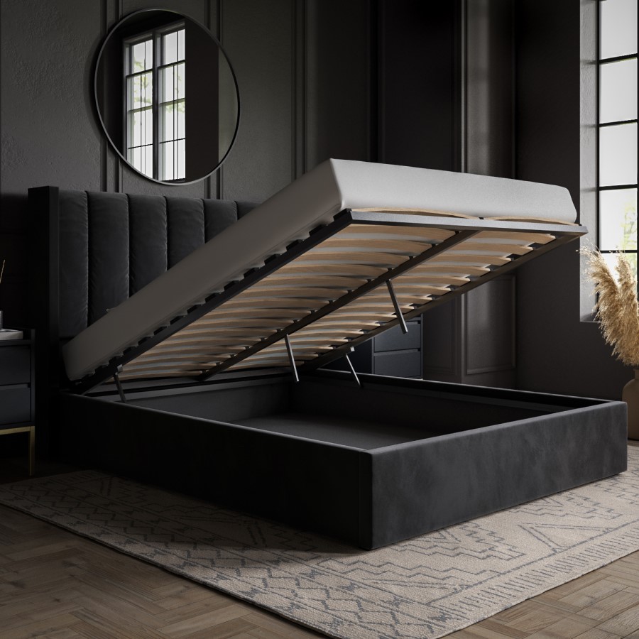 Black Velvet Double Ottoman Bed with Winged Headboard - Maddox