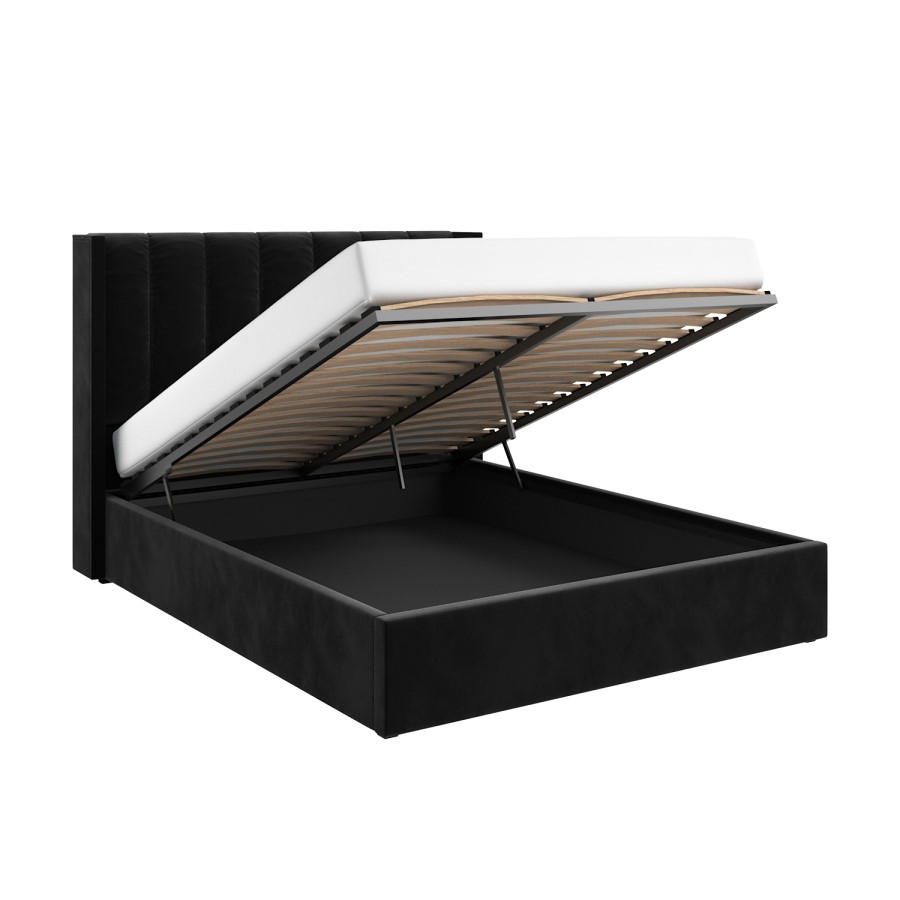 Black Velvet Double Ottoman Bed with Winged Headboard - Maddox