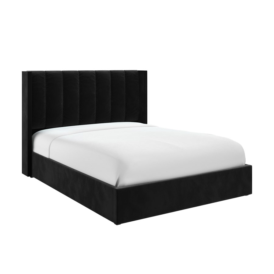 ONLY OPENED - Black Velvet King Size Ottoman Bed with Winged Headboard - Maddox