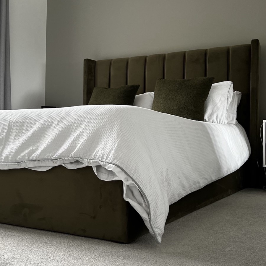 Khaki Velvet Double Ottoman Bed with Winged Headboard - Maddox