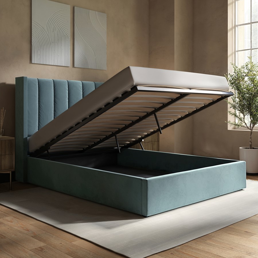 Blue Velvet King Size Ottoman Bed With Winged Headboard - Maddox