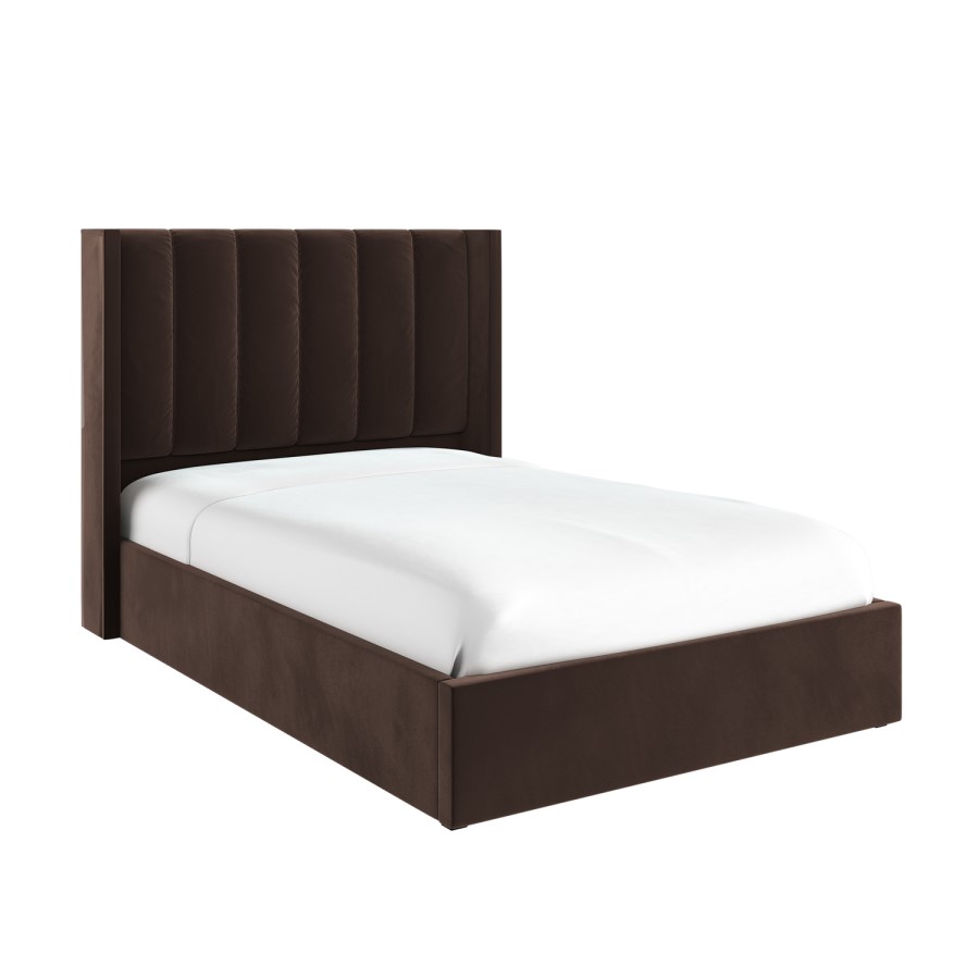 Chocolate Brown Velvet Double Ottoman Bed With Winged Headboard - Maddox