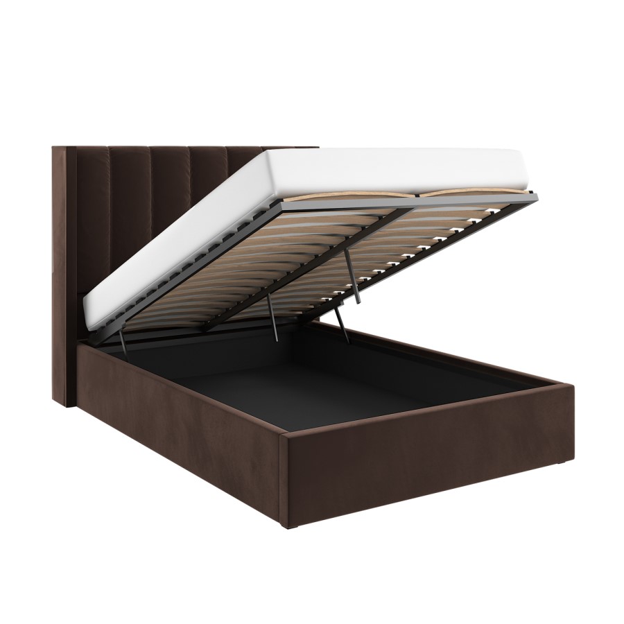 Chocolate Brown Velvet King Size Ottoman Bed With Winged Headboard - Maddox