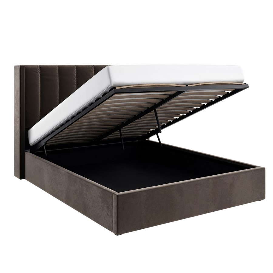 Chocolate Brown Velvet King Size Ottoman Bed With Winged Headboard - Maddox