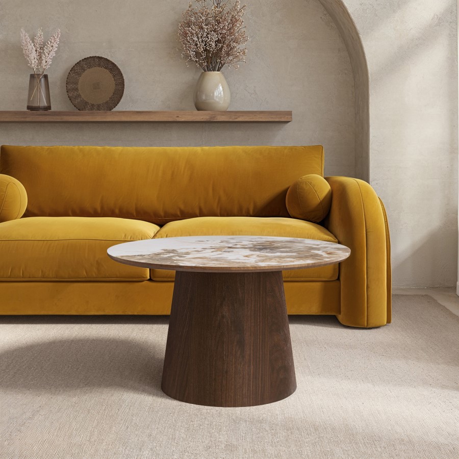 Large Walnut and Neutral Marble Effect Round Coffee Table - Malia