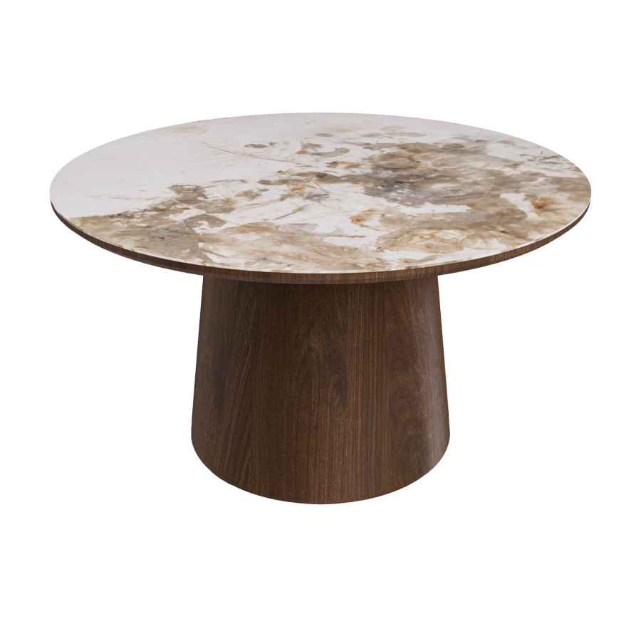 Round Walnut and Neutral Marble Effect Nest of 2 Tables - Malia