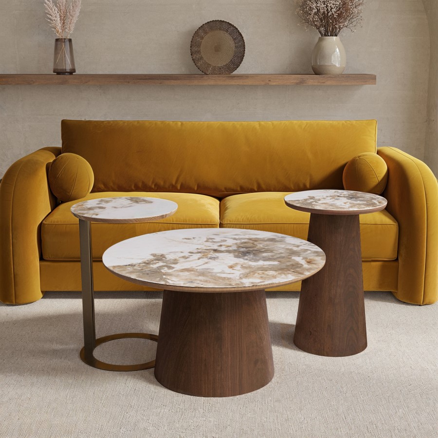 Large Walnut and Neutral Marble Effect Round Coffee Table - Malia