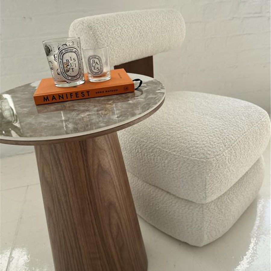 Round Walnut and Neutral Marble Effect Side Table - Malia