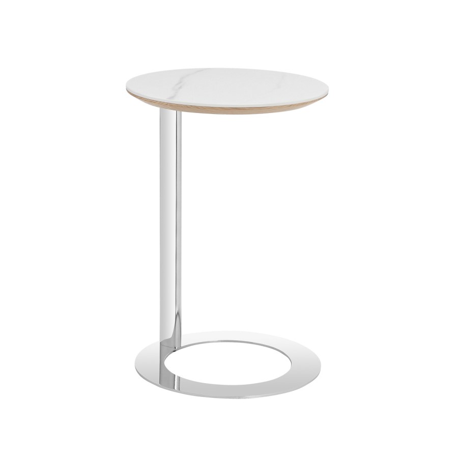 Round Side Table with White Marble Effect and Chrome Base - Malia