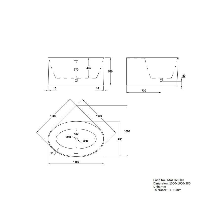 Freestanding Double Ended Small Round Corner Bath 1000 x 1000mm - Malta