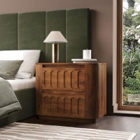 Wide Dark Wood Curved 2 Drawer Bedside Table - Fully Assembled - Meena