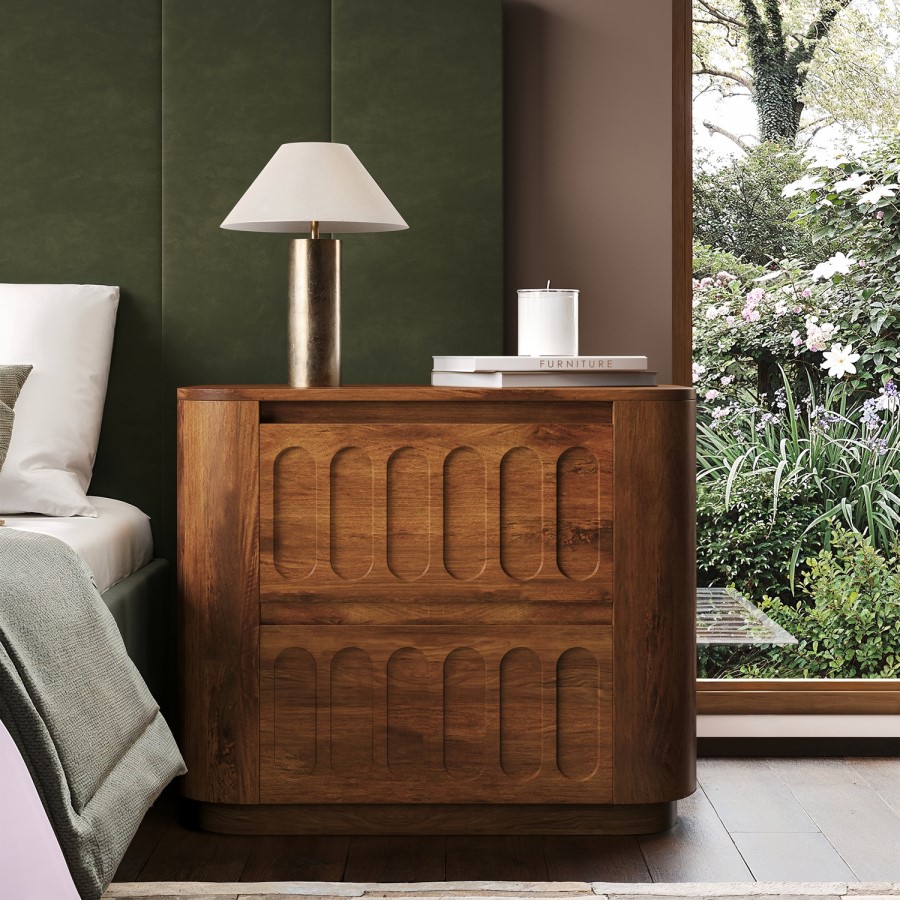 Wide Dark Wood Curved 2 Drawer Bedside Table - Fully Assembled - Meena
