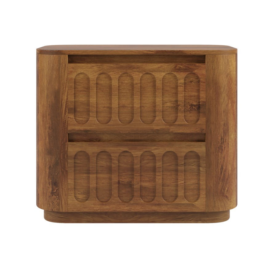 Wide Dark Wood Curved 2 Drawer Bedside Table - Fully Assembled - Meena
