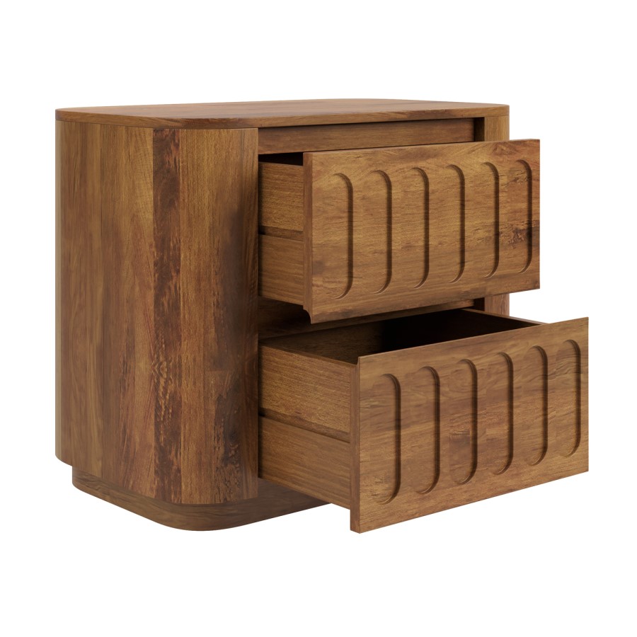 Wide Dark Wood Curved 2 Drawer Bedside Table - Fully Assembled - Meena