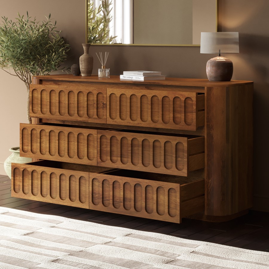 Wide Dark Wood Curved 6 Drawer Chest of Drawers - Fully Assembled - Meena